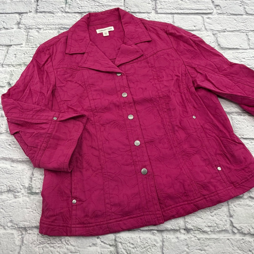 Coldwater Creek Womens Pink Floral Jacquard 3/4 Sleeve Blazer Jacket Size 14
